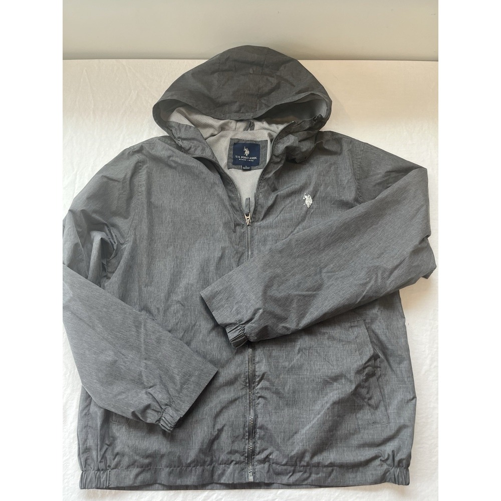 U.S. Polo fall Jacket Mens LG Gray Hooded Full Zip Windbreaker Mesh Lined Coat